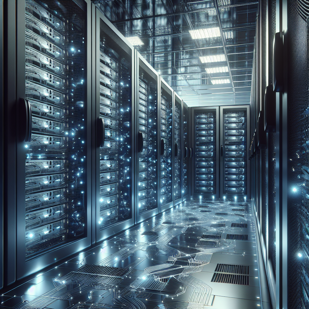 A server room with multiple sleek black servers emitting a blue glow, illustrating web hosting infrastructure.