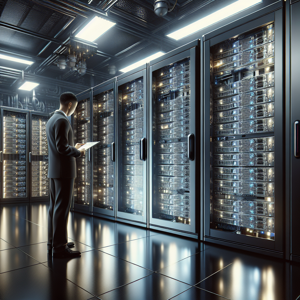 A detailed depiction of web hosting servers in a modern server room with a technician inspecting them.