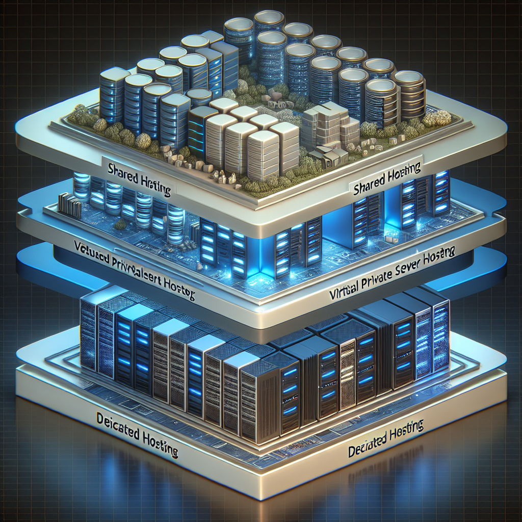 Illustration of different web hosting types: shared, VPS, and dedicated servers.