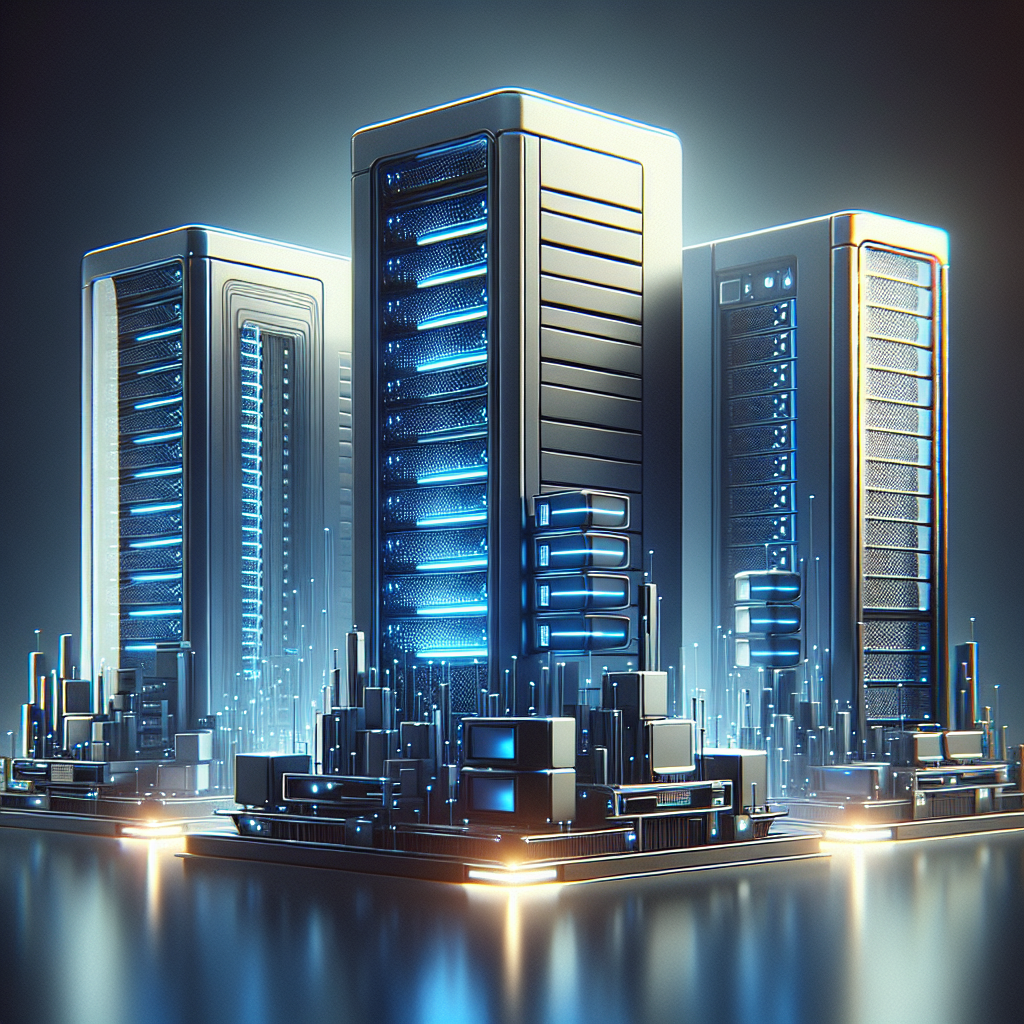 Realistic image of different types of web hosting servers illustrating shared, VPS, and dedicated servers.