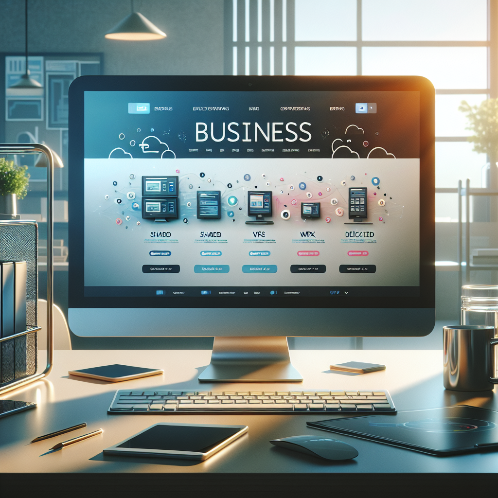 A computer screen in a modern workspace showing a business website interface with hosting plan icons.