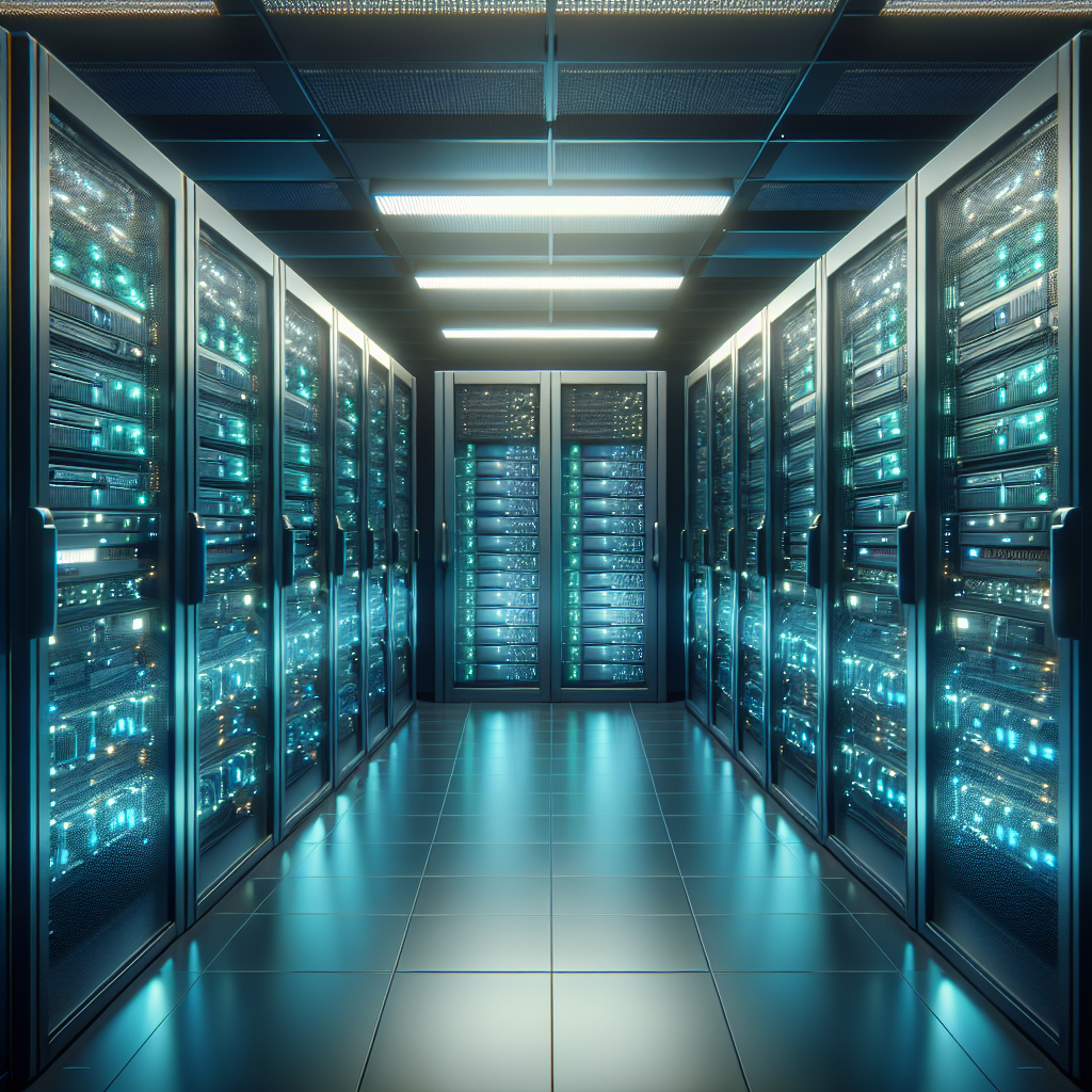 A modern server room showcasing various website hosting options with sleek server racks and glowing LED indicators.