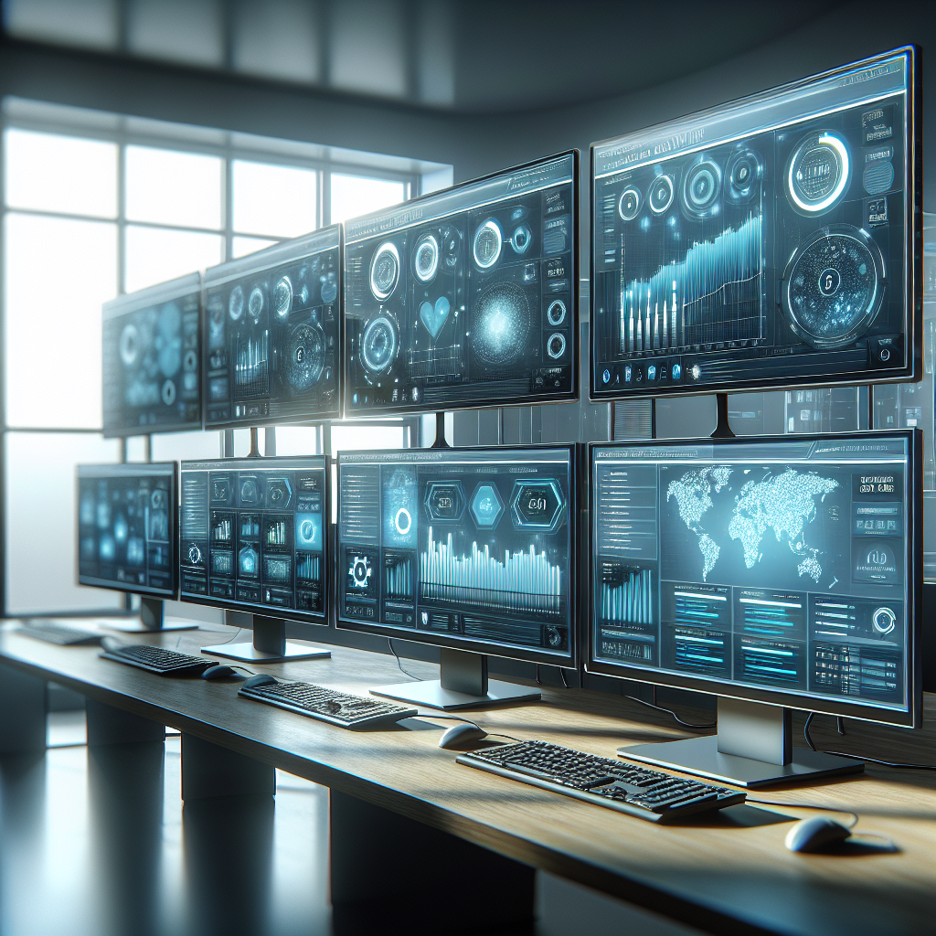 Modern digital workspace with computer monitors displaying VPS hosting dashboards.