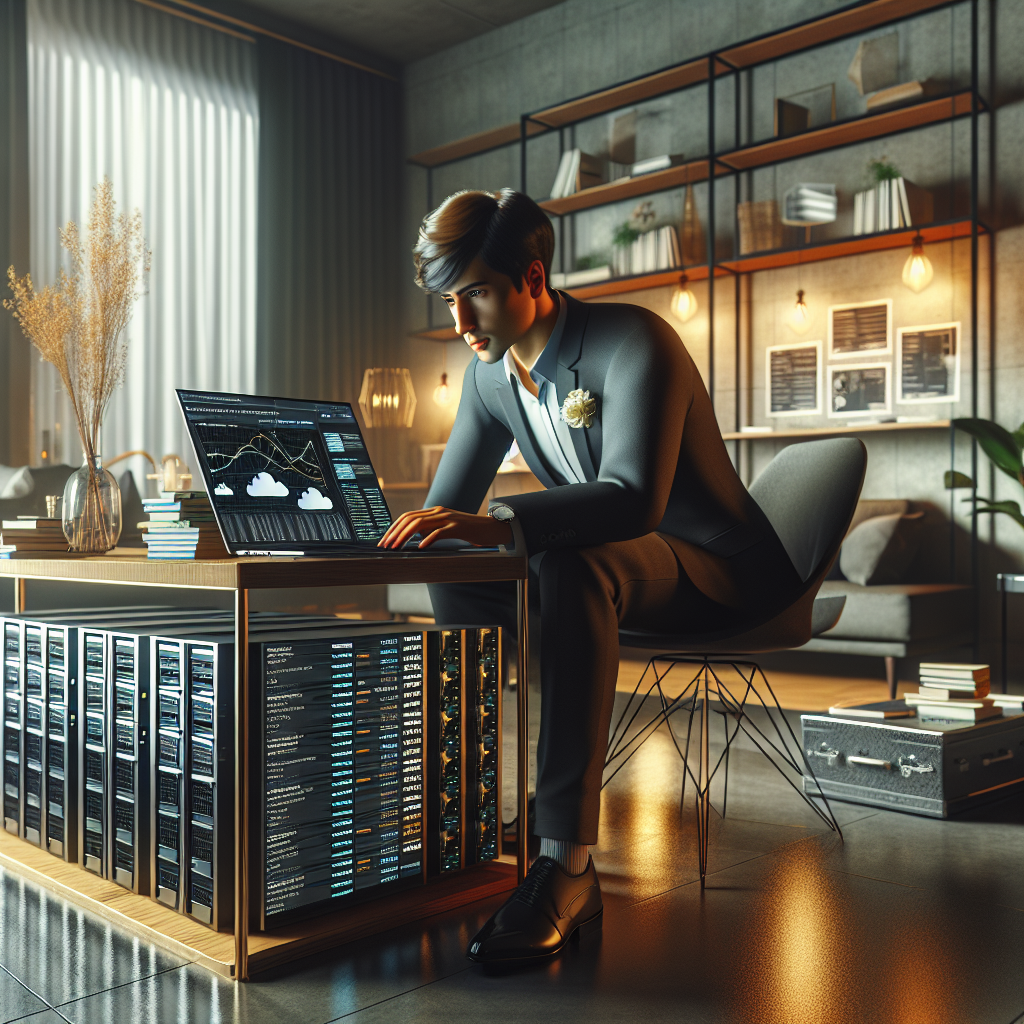 A young entrepreneur researching VPS hosting plans in a modern office setting.