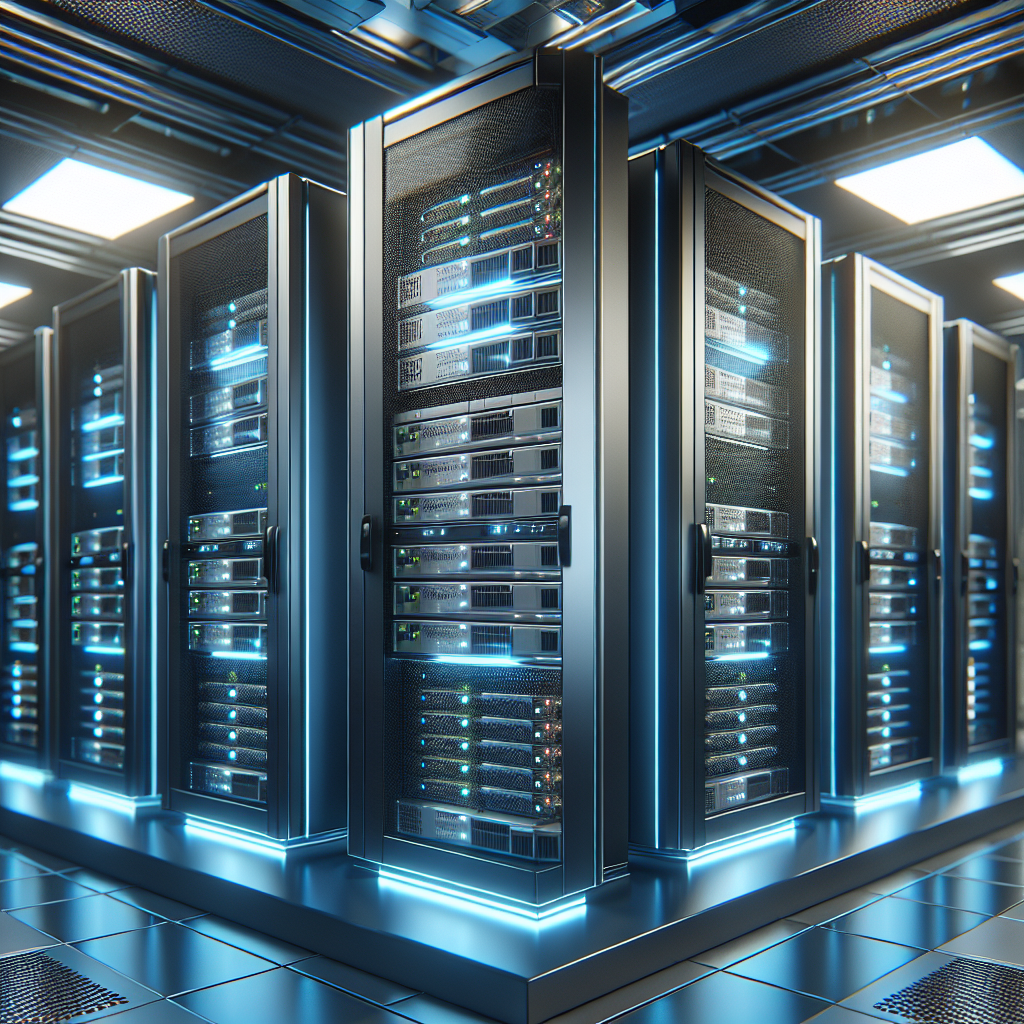 A realistic image of a modern VPS hosting setup with server racks in a data center.