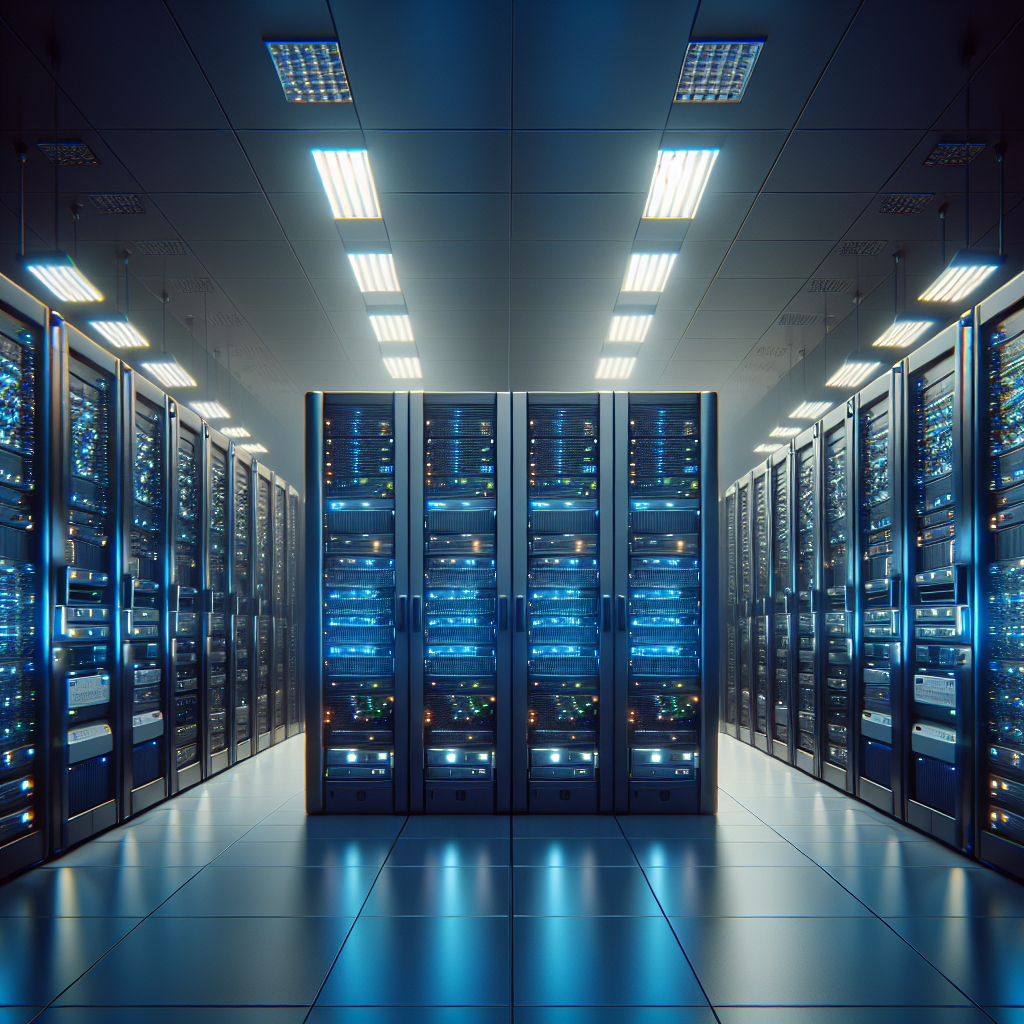 A realistic depiction of a network server room with multiple server racks and blinking LED lights.