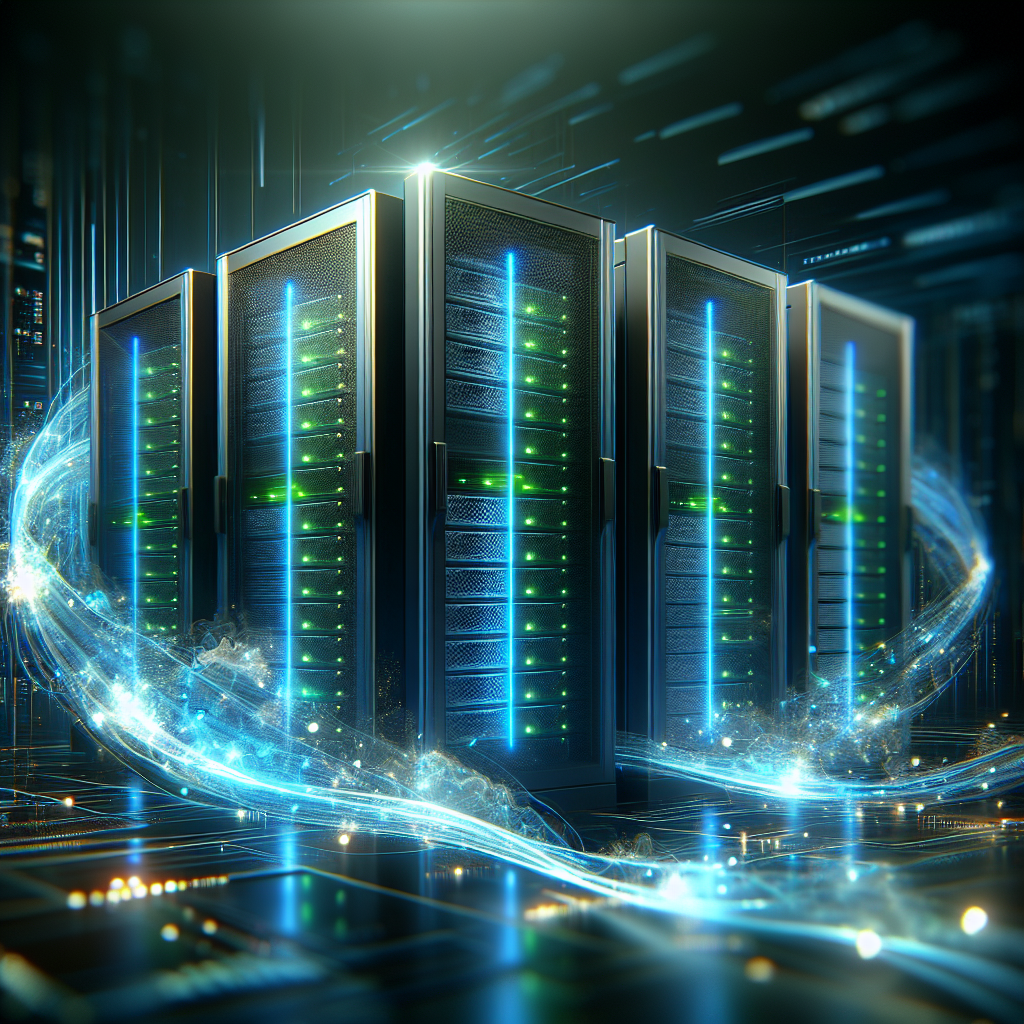 Realistic depiction of servers and digital data streams illustrating website hosting costs.