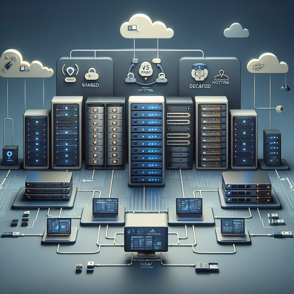 Illustration of shared, VPS, dedicated, and cloud hosting servers.