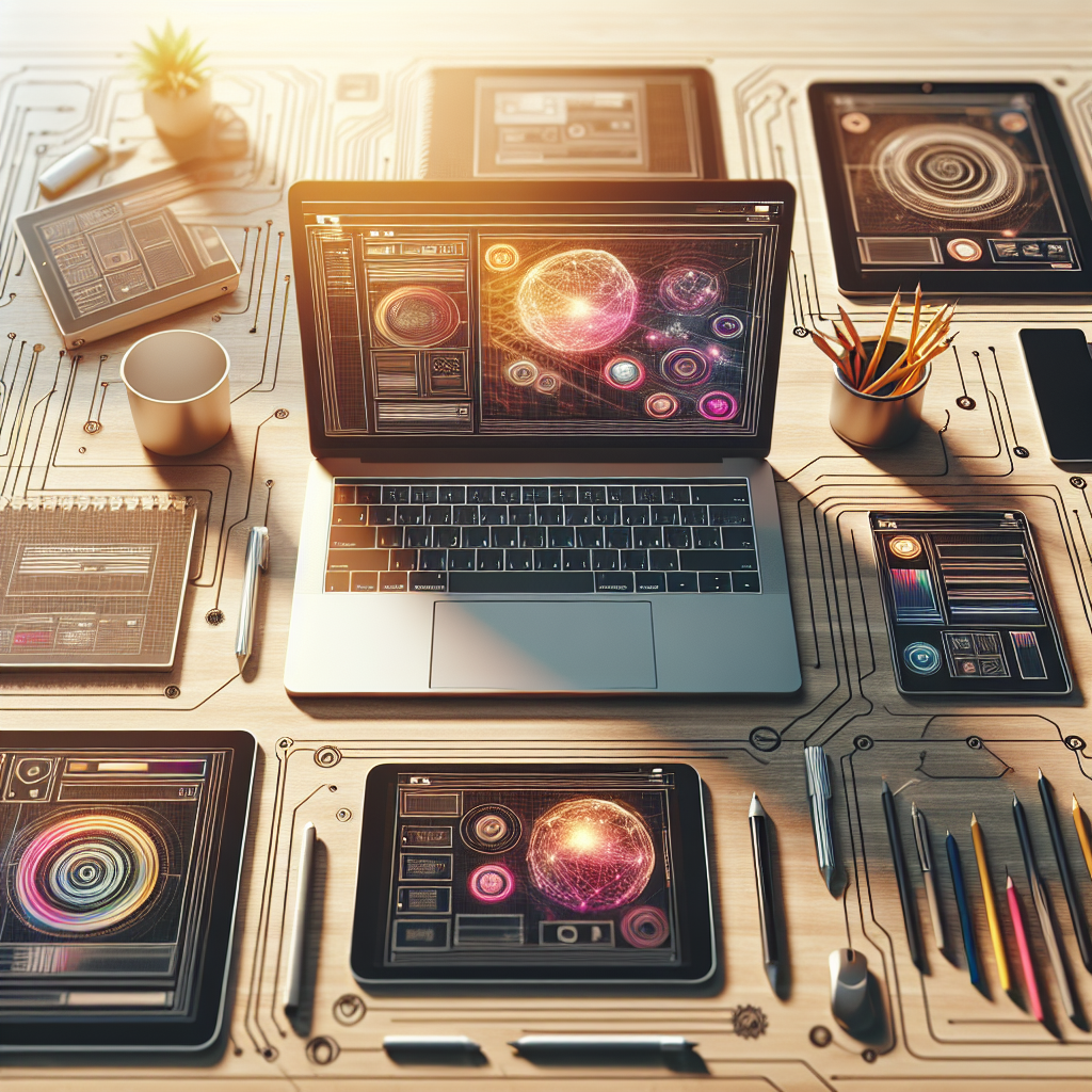 A realistic depiction of a digital workspace with website building tools.
