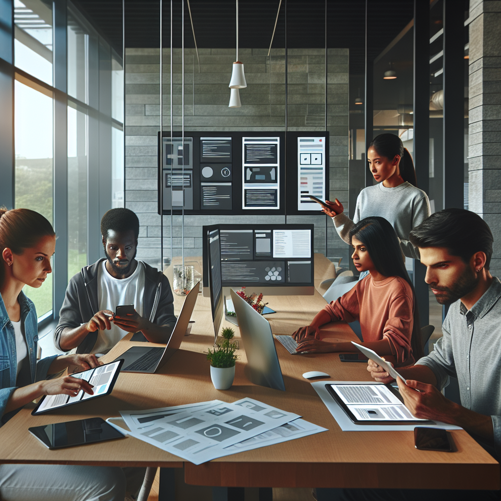 A diverse group of people using website building tools in a modern, well-lit conference room.