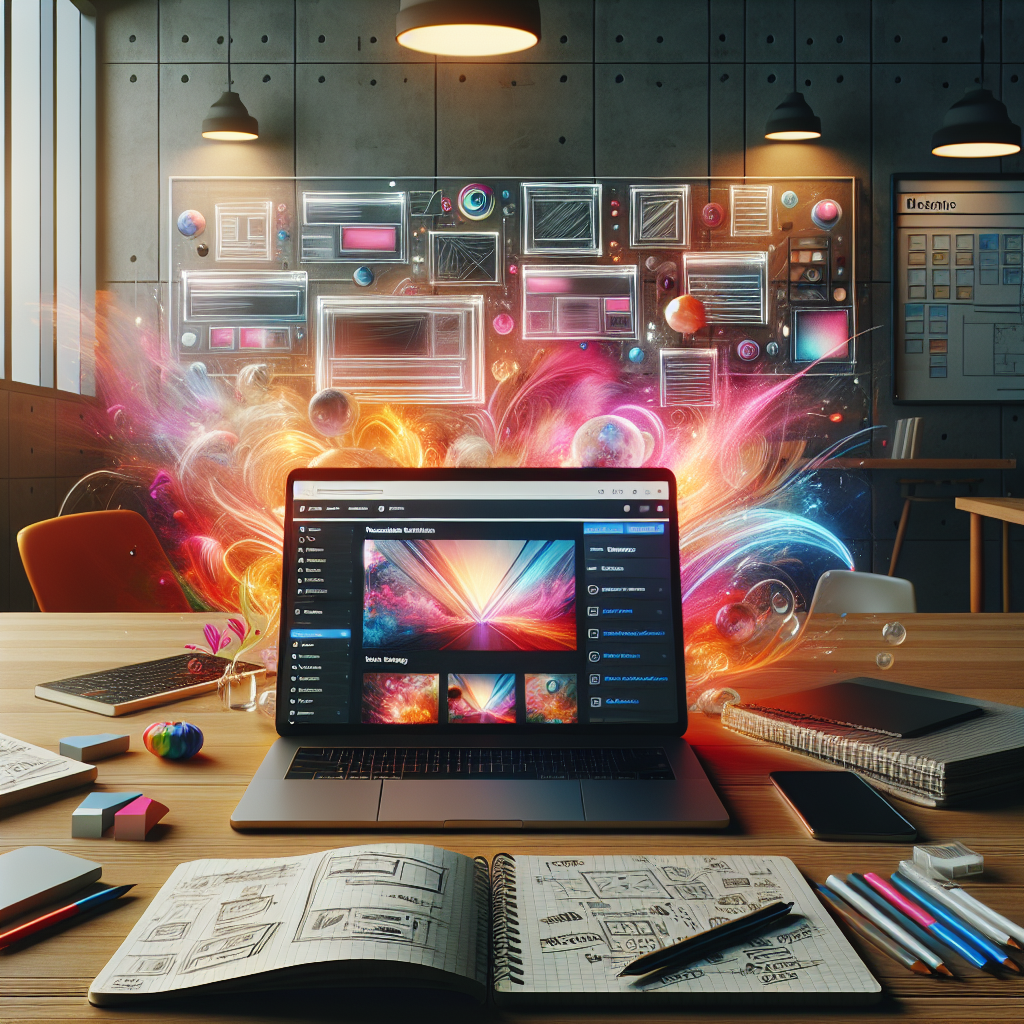 Realistic digital workspace with website building tools and laptop screen showing a design interface.