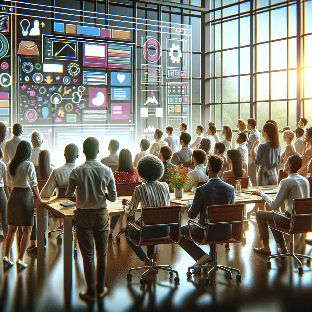 Group of diverse people engaged in building a website using a digital interface in a modern, well-lit office.