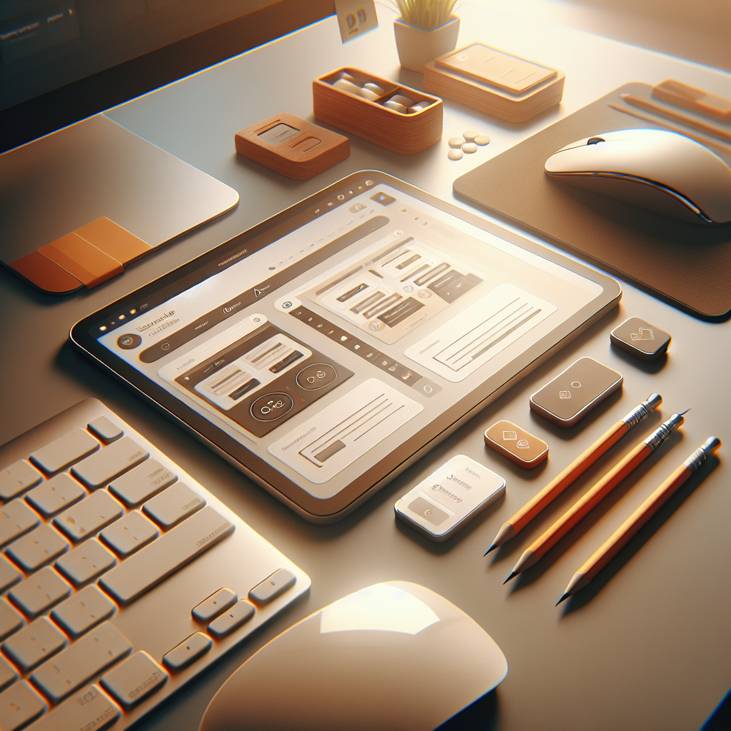 Realistic image of website building tools on a modern desk.