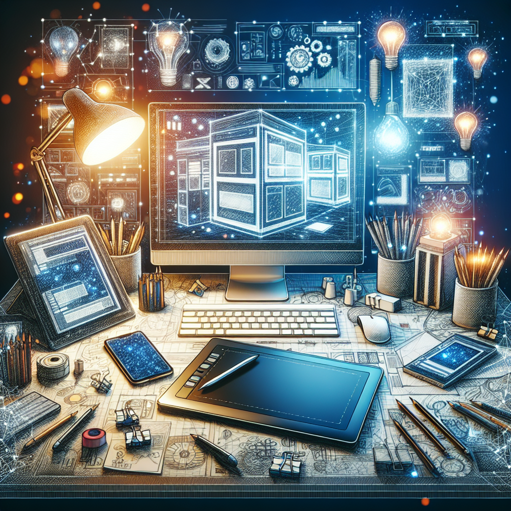 A creative office desk with website building tools and a computer showing a website template.