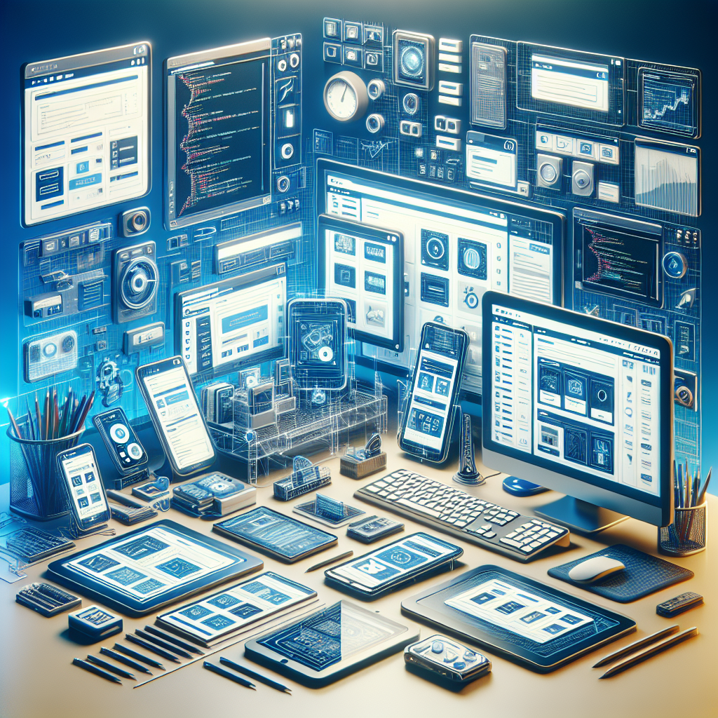 Realistic illustration of various website building tools in a modern digital workspace.