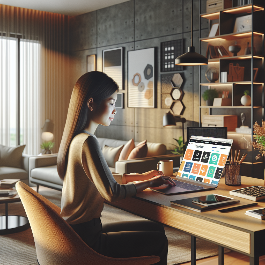 Young entrepreneur working on a laptop with website builder templates displayed in a cozy home office.
