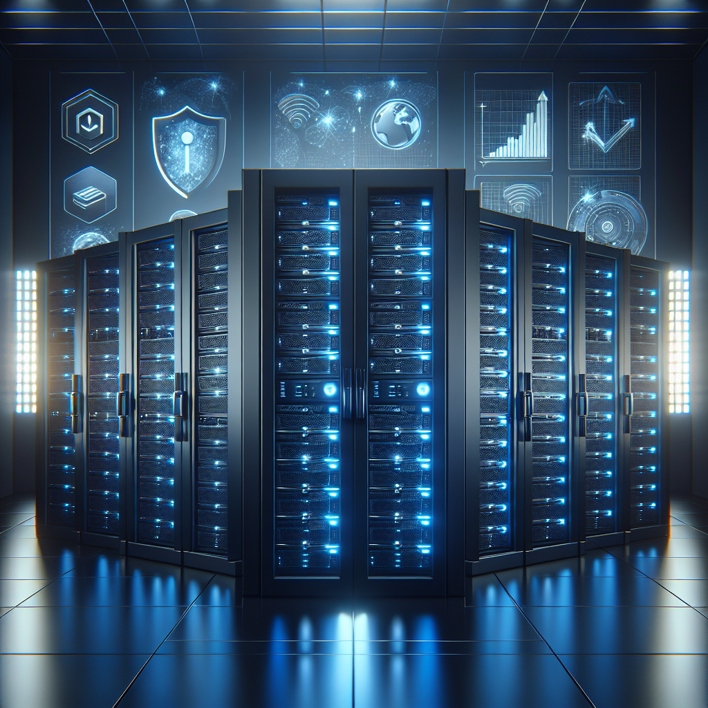 Realistic image of a modern server room with glowing server racks and symbols of web hosting features.