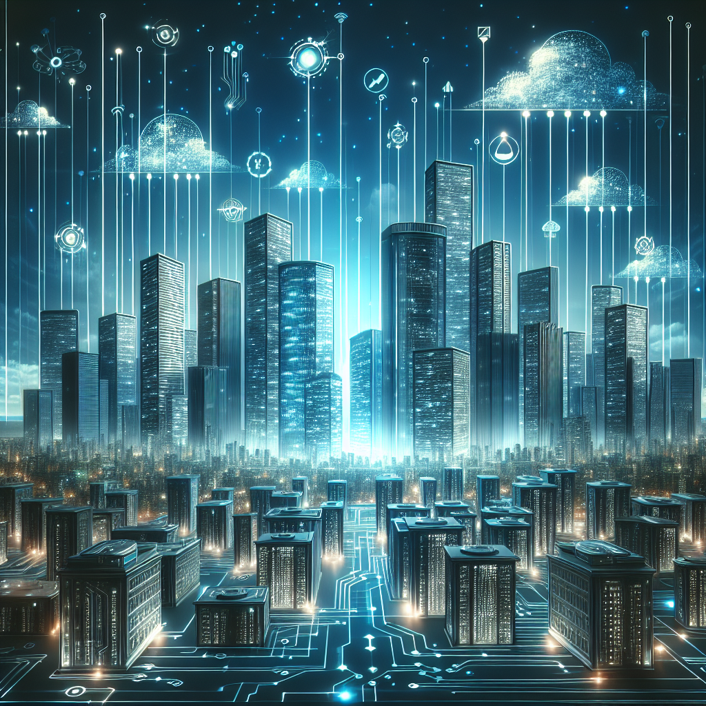 A futuristic digital cityscape symbolizing web hosting plans with modern, illuminated buildings against a night sky.