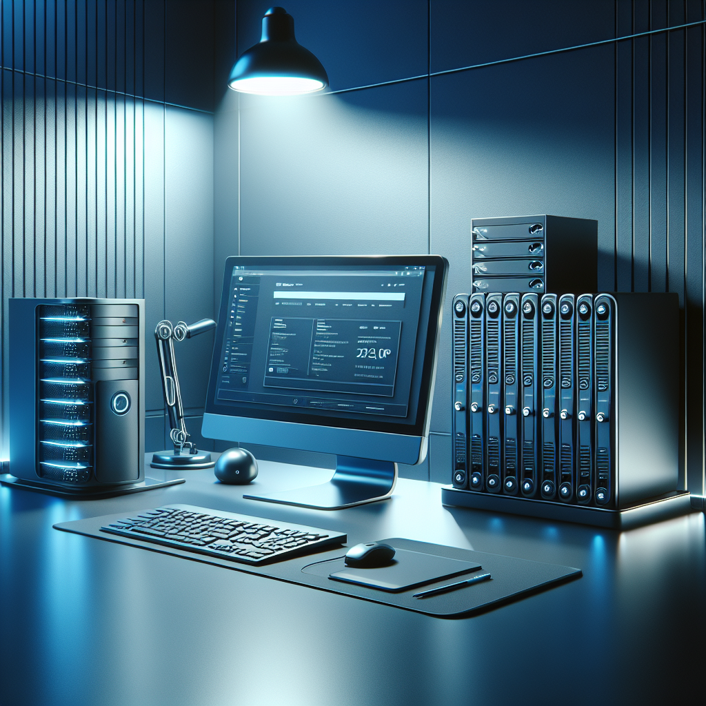 Digital workspace setup depicting various hosting plans with a monitor, keyboard, and model server.