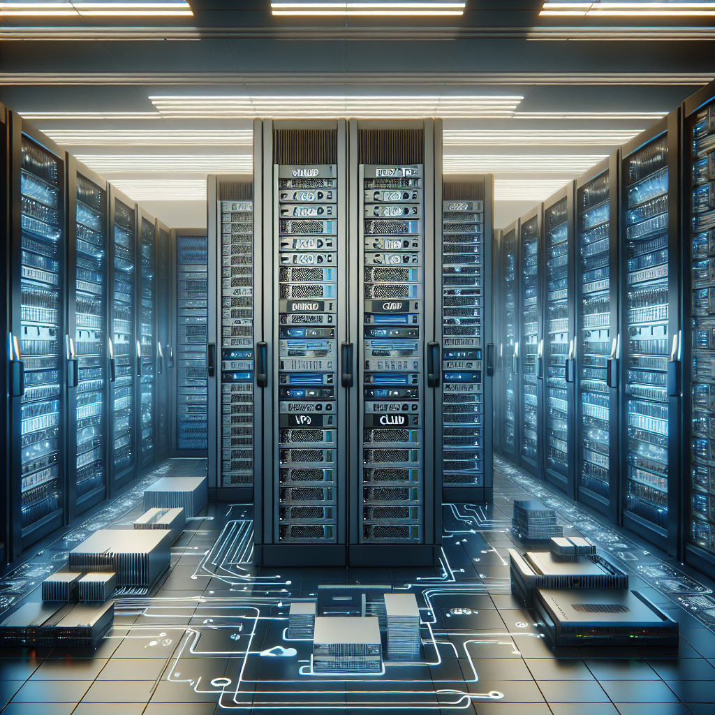 Realistic illustration of diverse web hosting servers in a modern data center.