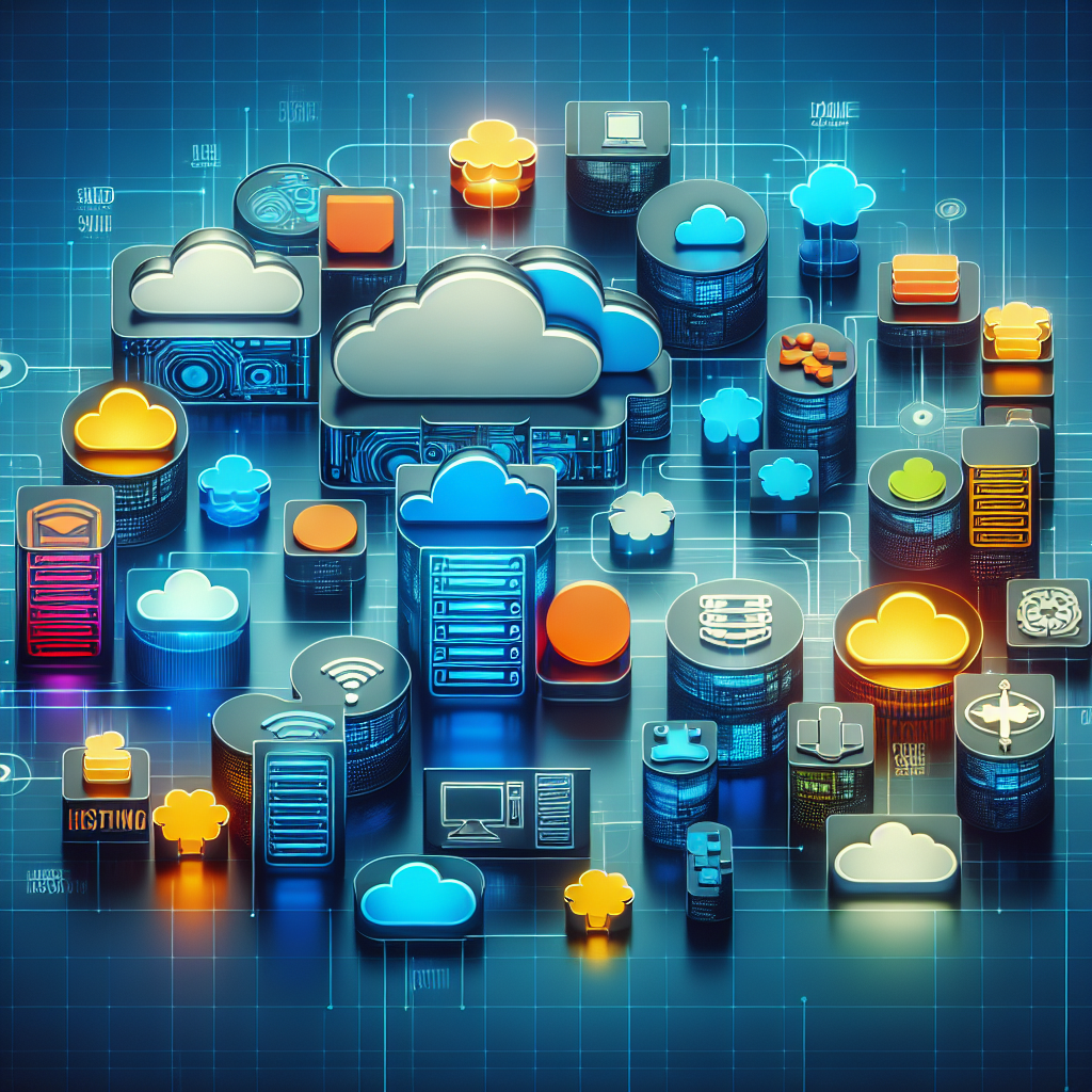 A realistic depiction of various web hosting plan icons on a digital blue background.