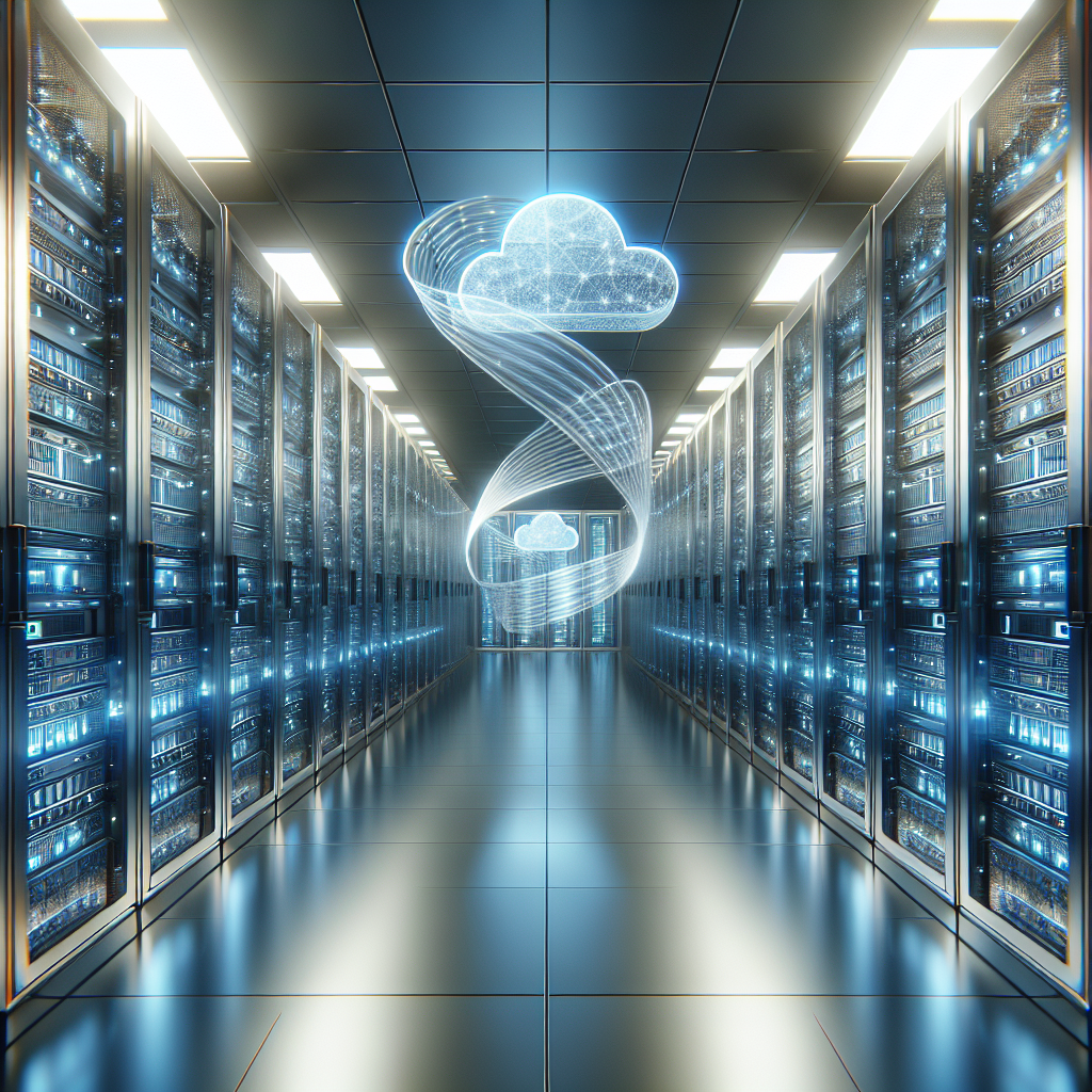 A futuristic image of a cloud server hosting environment with sleek servers and digital data symbols.