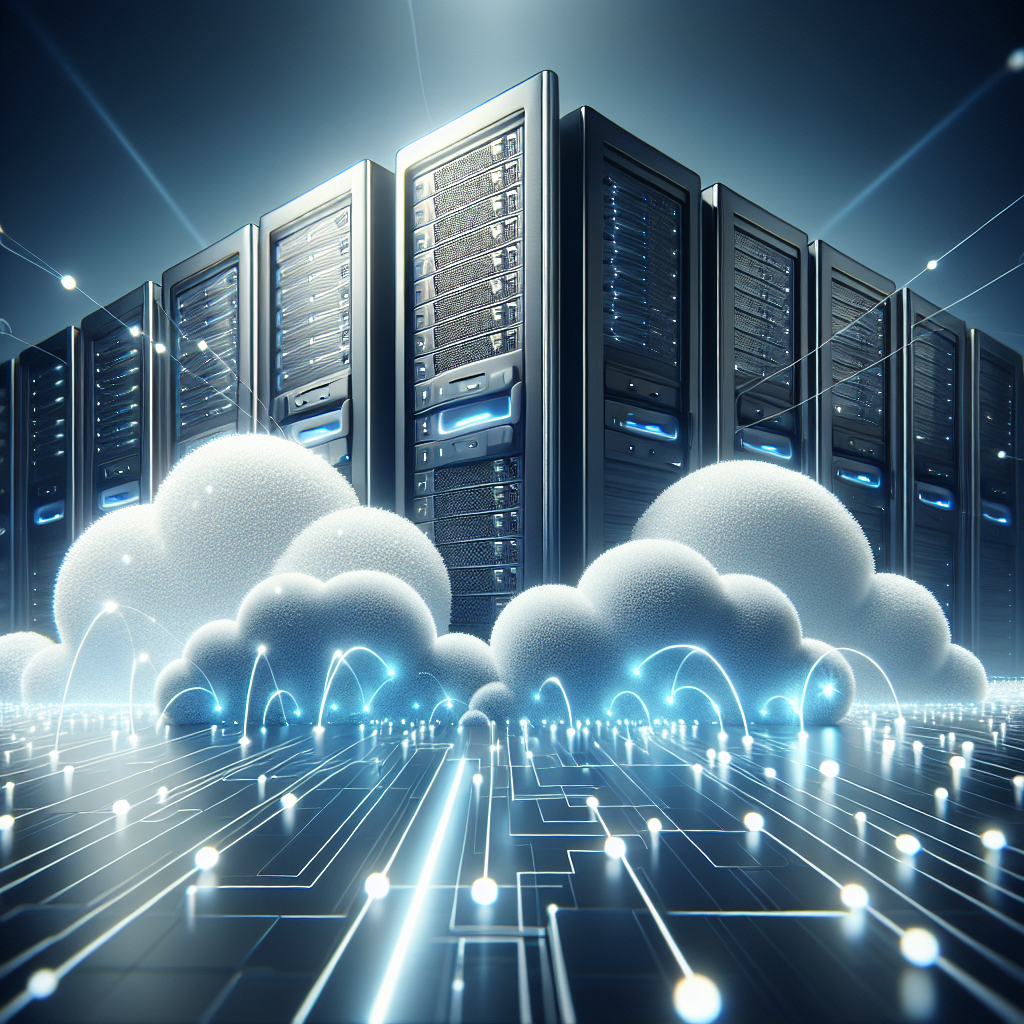 Illustration of cloud server hosting with virtual servers and cloud structures.