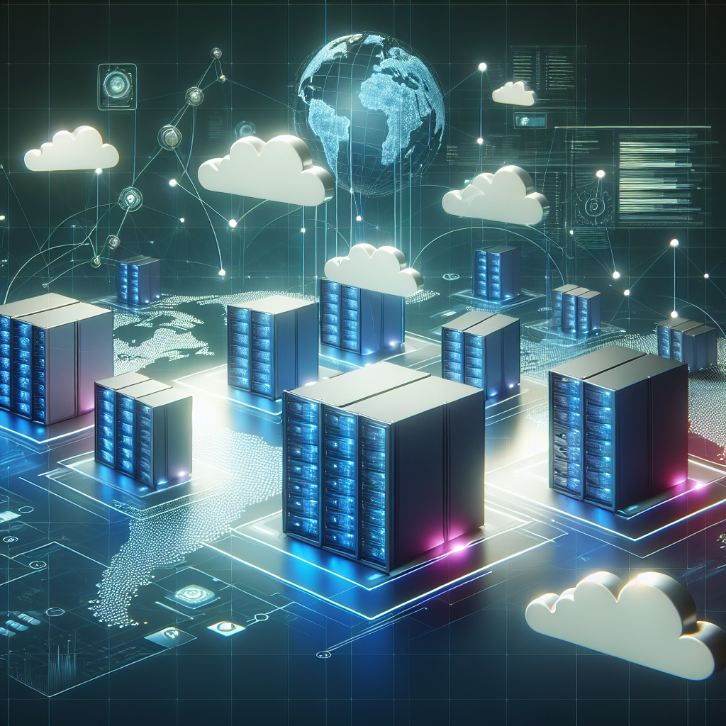 A digital representation of cloud server hosting with virtual servers in a sky-like environment.