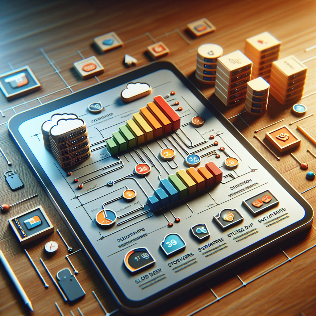 A digital tablet on a desk showing a web hosting comparison chart with icons.