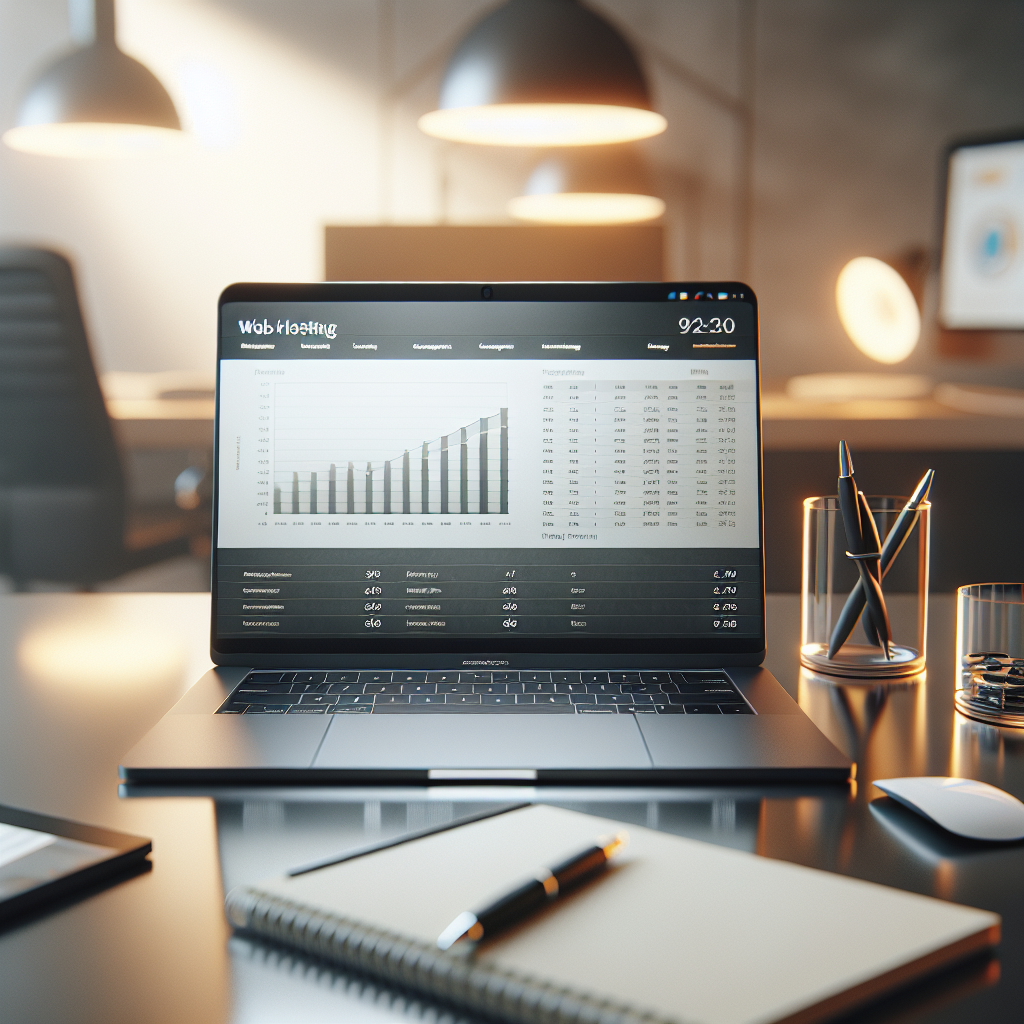 Workspace with laptop displaying web hosting chart