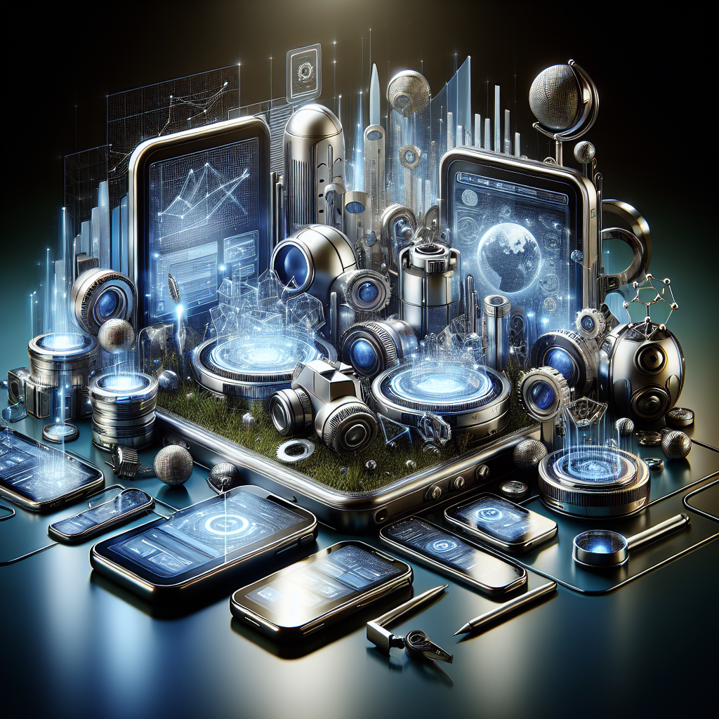 Digital landscape with futuristic website optimization tools on a sleek desktop, surrounded by data streams.