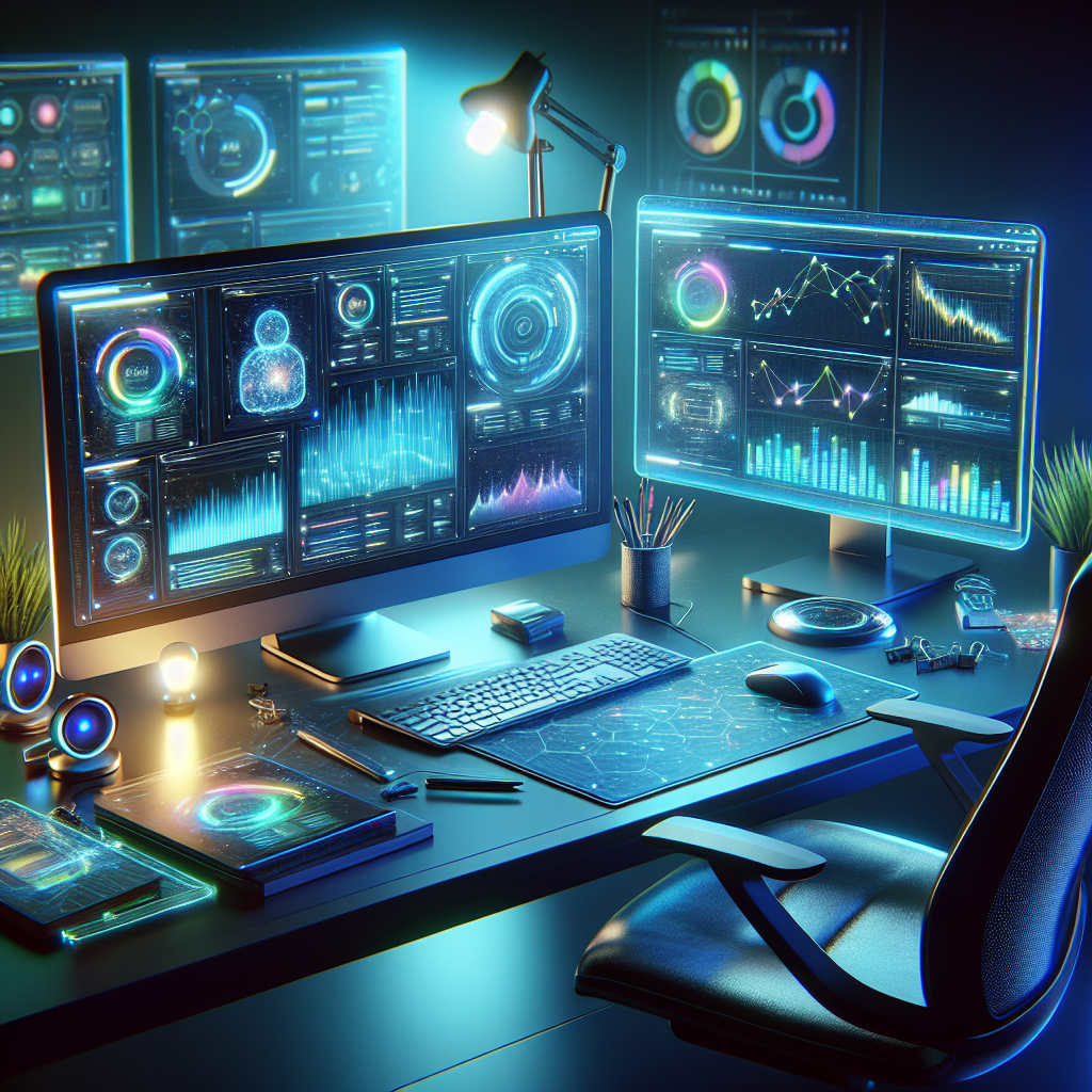 Illustration of a tech workspace with website optimization tools and dual monitors showing graphs.