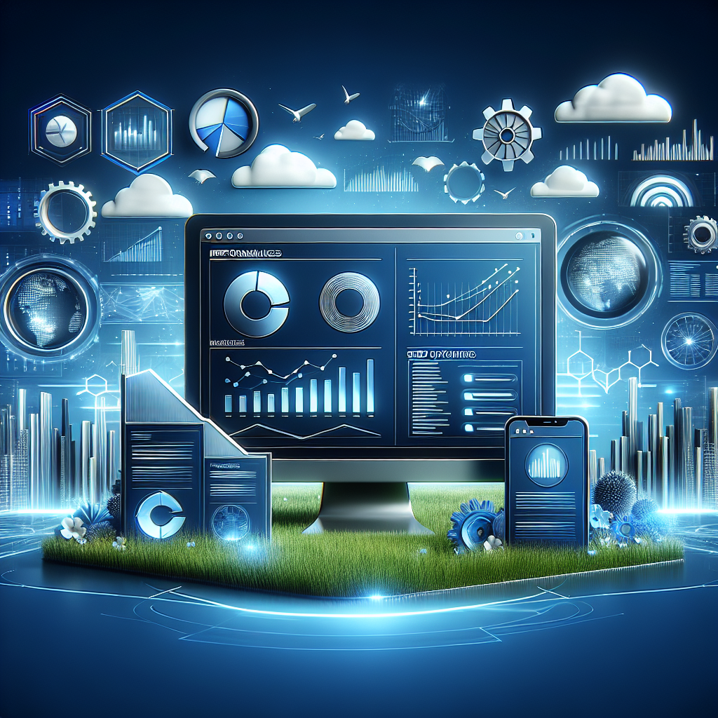 A digital landscape illustrating website optimization tools with a computer screen and analytical elements.