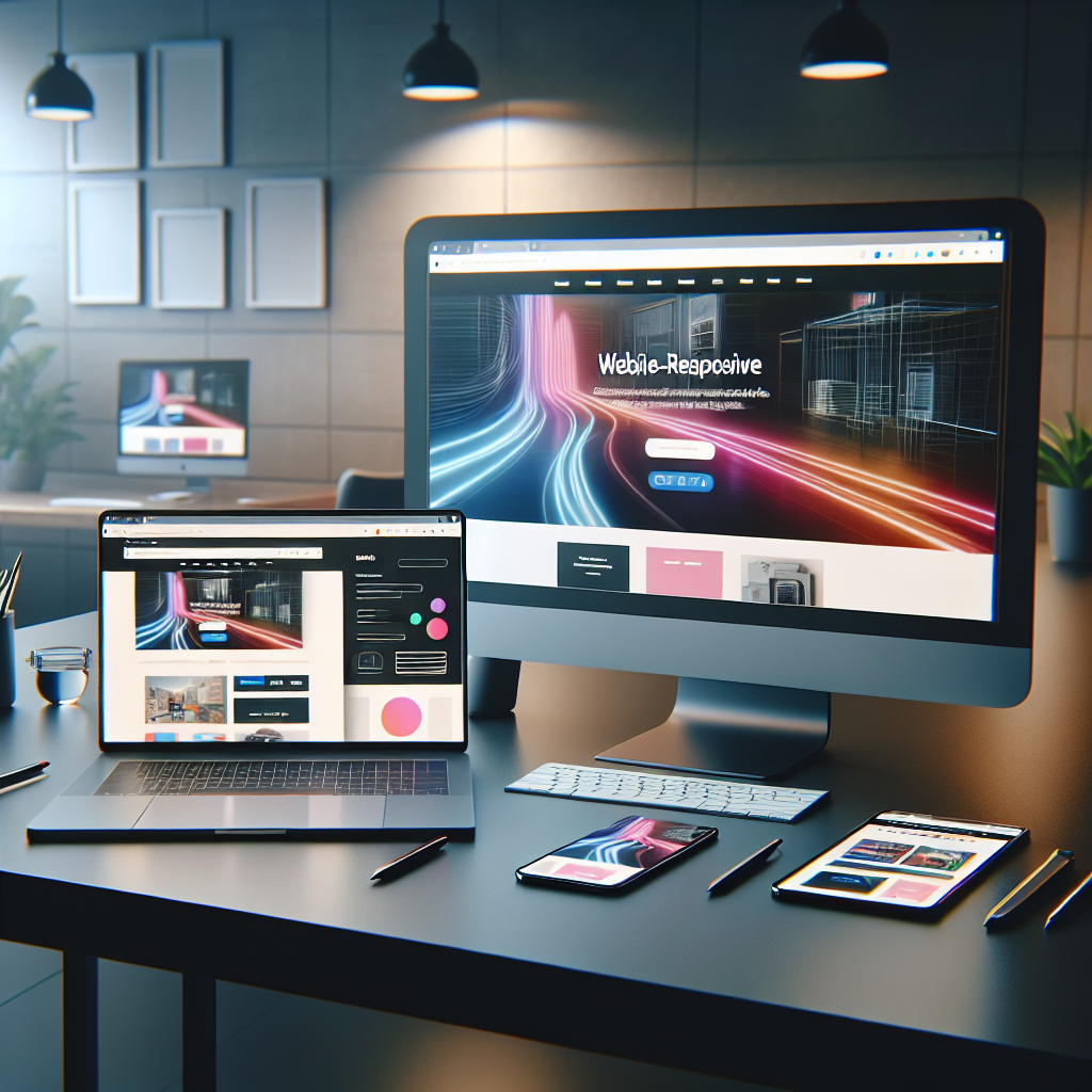 A modern digital workspace with various website builder tools displayed on a laptop and desktop monitor.
