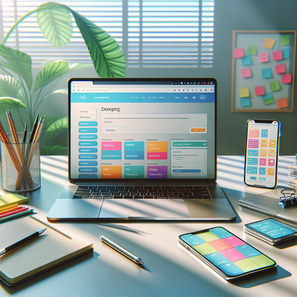 A modern workspace with a laptop showing a website builder interface and design tools.