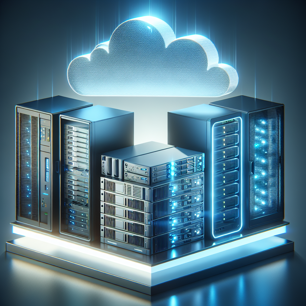 A detailed illustration of various types of website hosting servers in a high-tech setting.