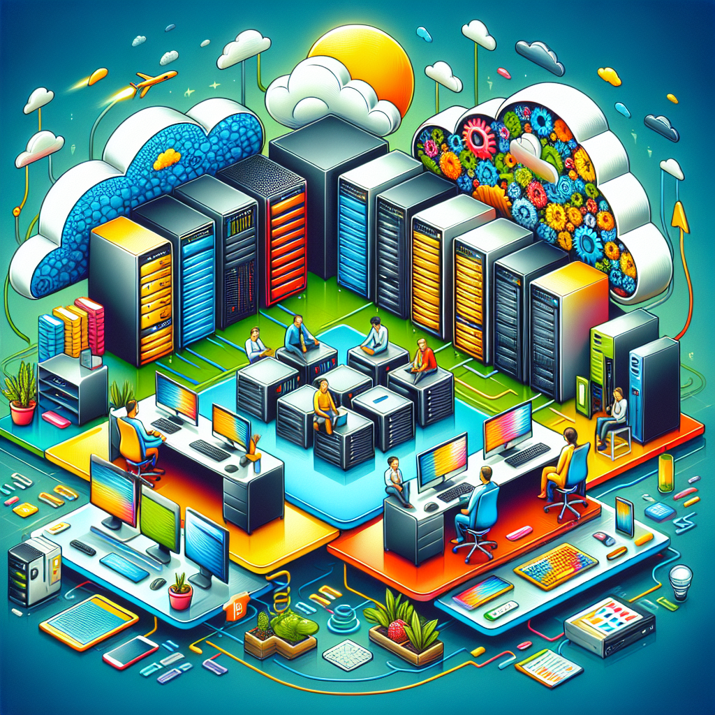 A visual representation of different types of website hosting services through metaphors in a cozy office environment, workstation, server room, and cloud imagery.