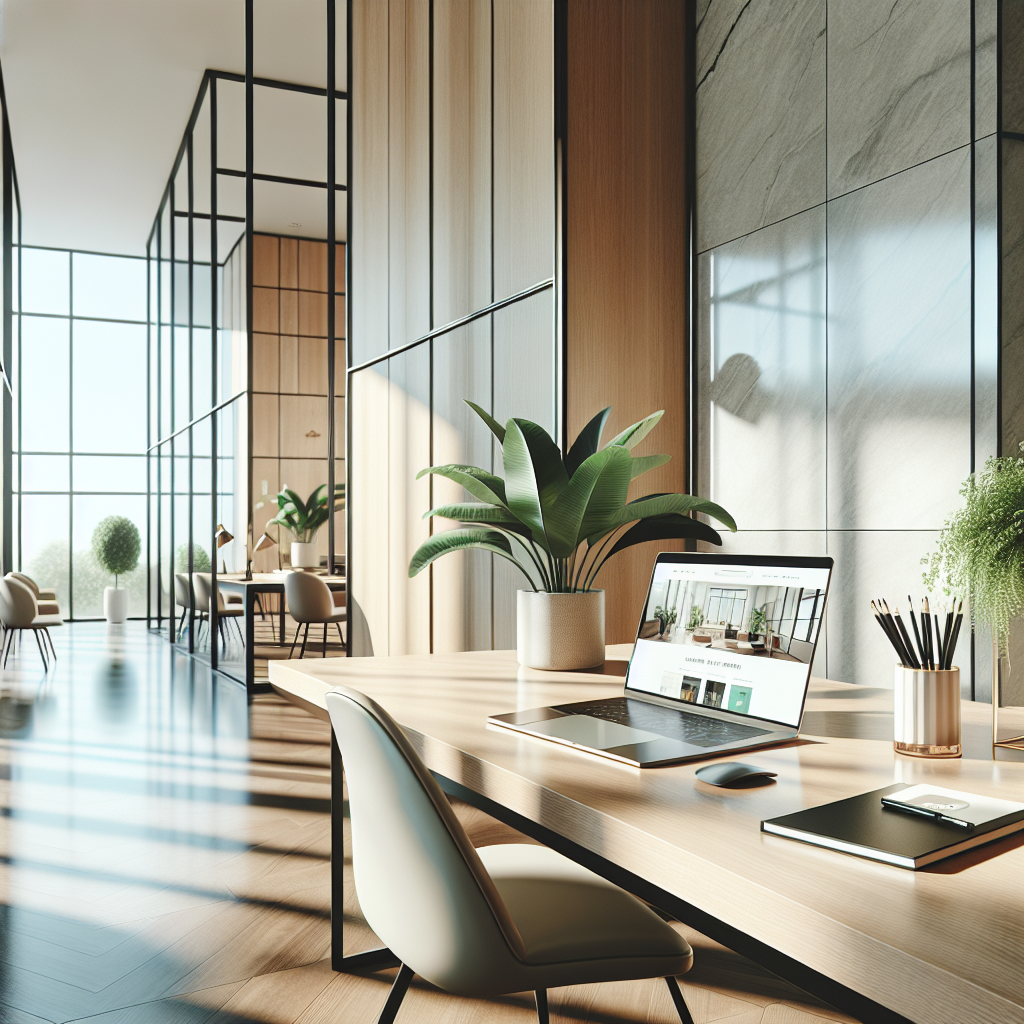 A modern workspace with a laptop, notepad, and plant, emphasizing a bright office environment.