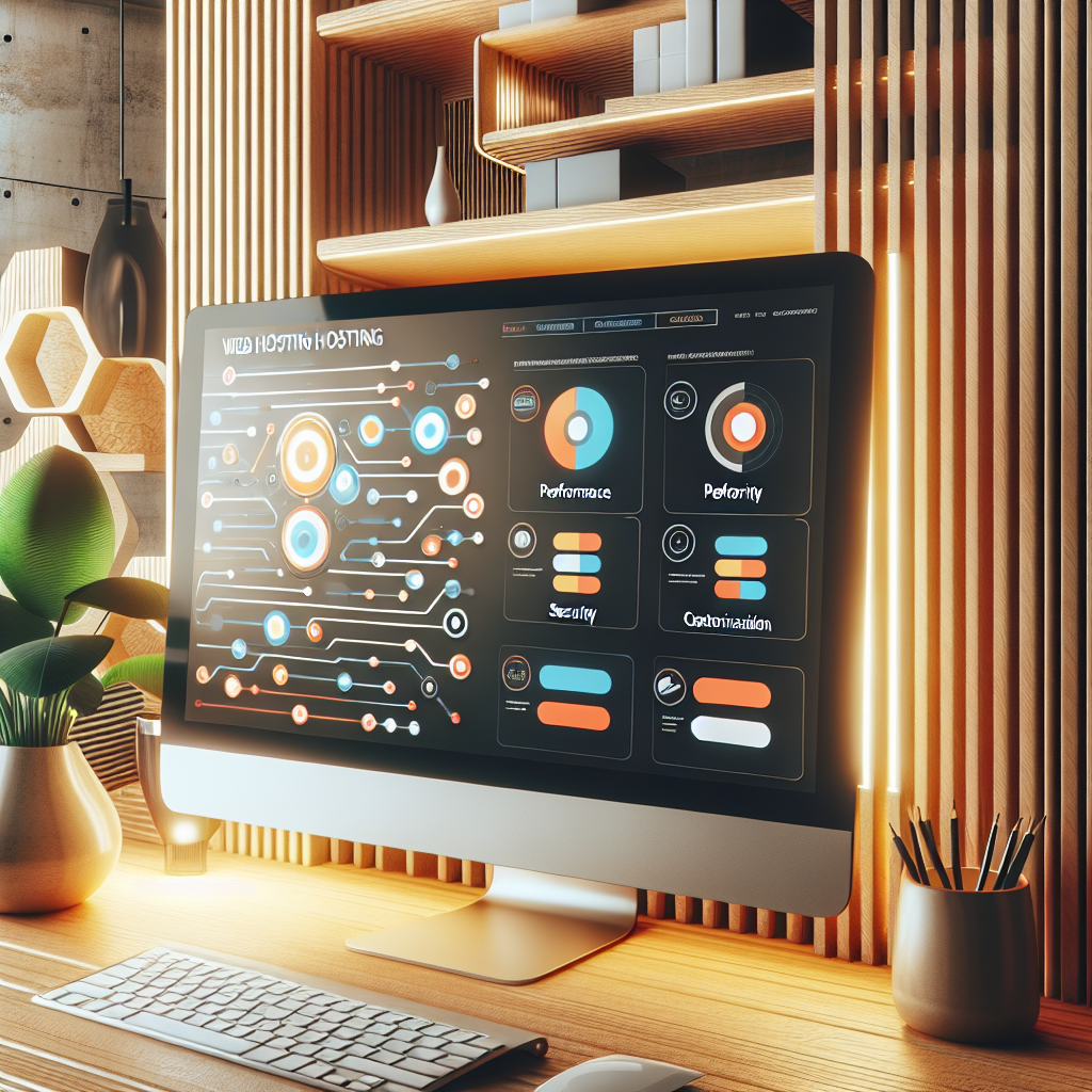 A modern workspace with a desktop computer showing a hosting dashboard.