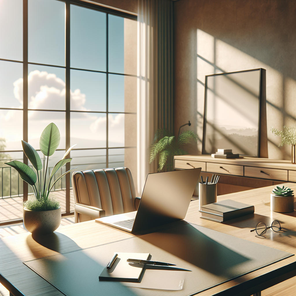 A modern office desk setup with a laptop, notepad, and a potted plant beside a bright window.