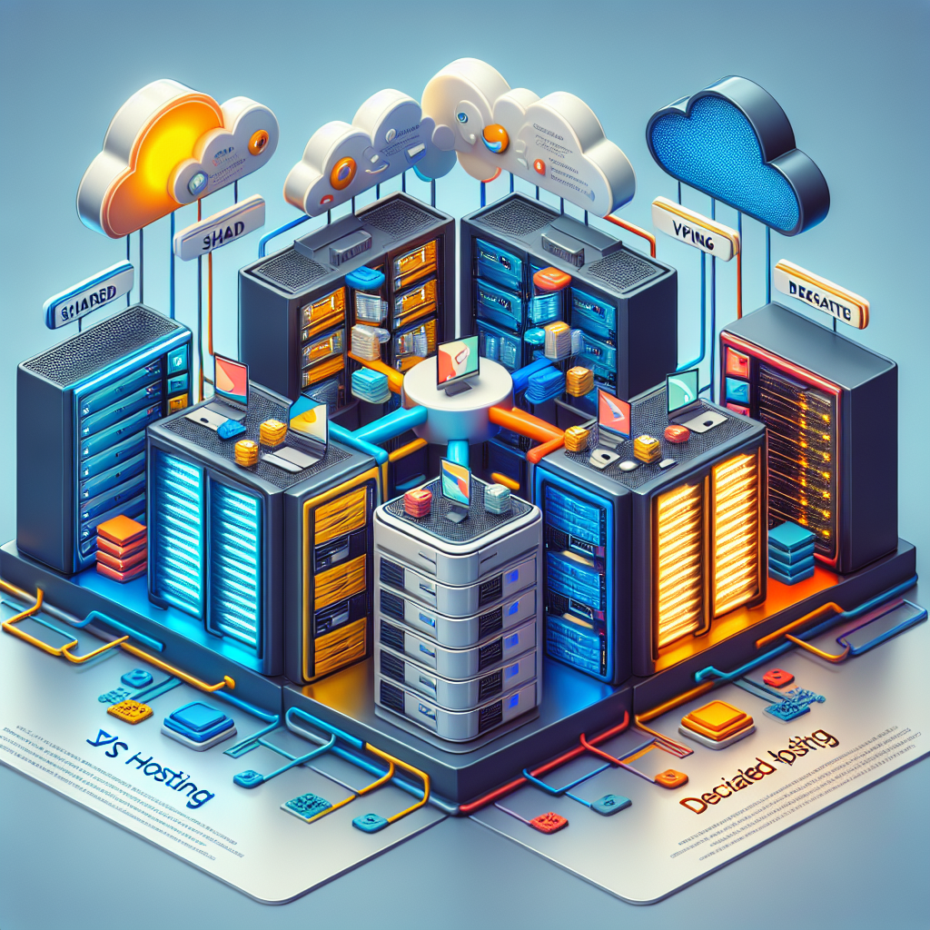 A digital illustration showing different types of website hosting options with images of servers.
