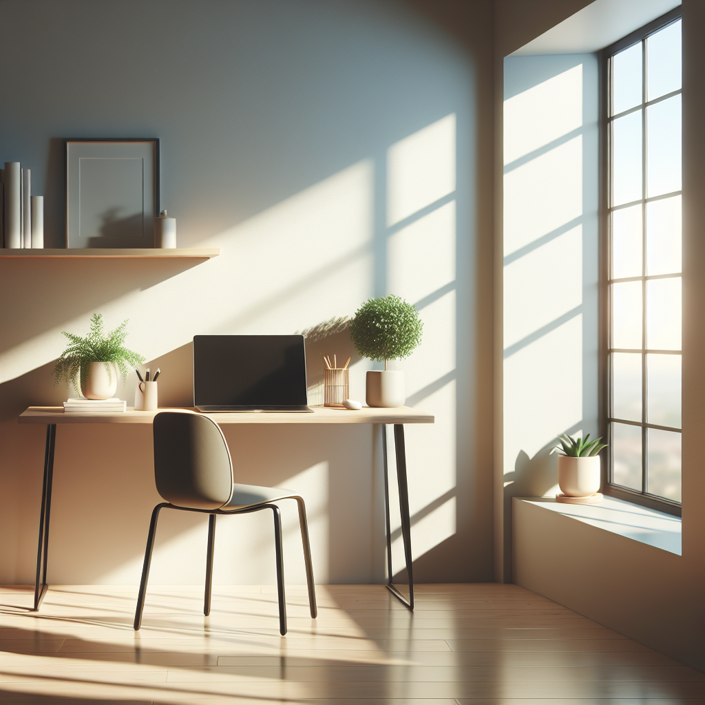 A cozy home office with a modern desk, an open laptop, and a potted plant.