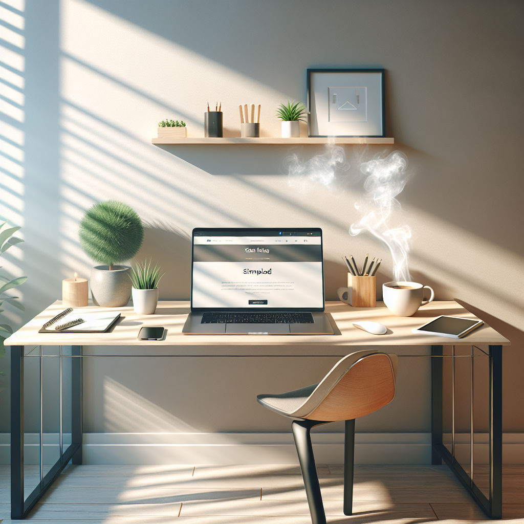 A modern home office with a laptop, notepad, coffee cup, and plant.