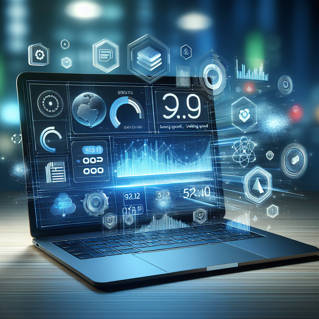 A laptop showing website optimization analytics surrounded by digital icons, emphasizing the concept of website performance enhancement.