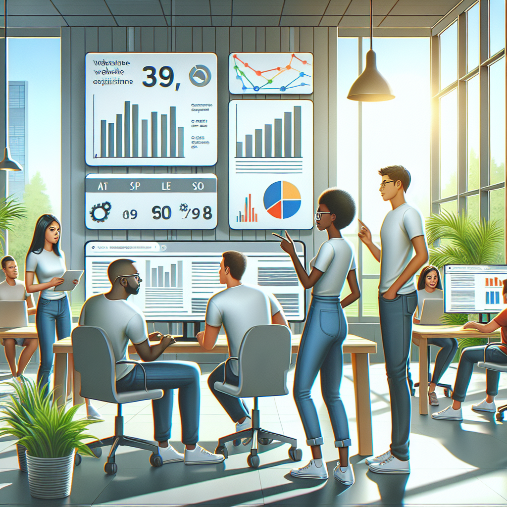 A diverse group of people in an office focusing on website optimization data.