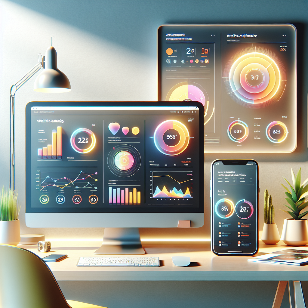 A modern workspace illustrating website optimization with a computer and smartphone displaying analytics.