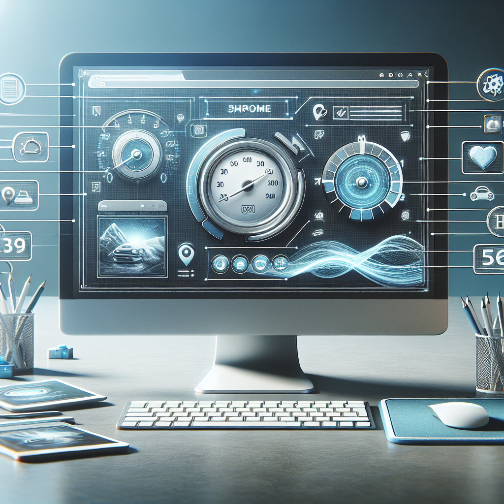 An illustration of website optimization featuring a modern computer monitor, speedometer icons, and mobile devices in a well-lit workspace.
