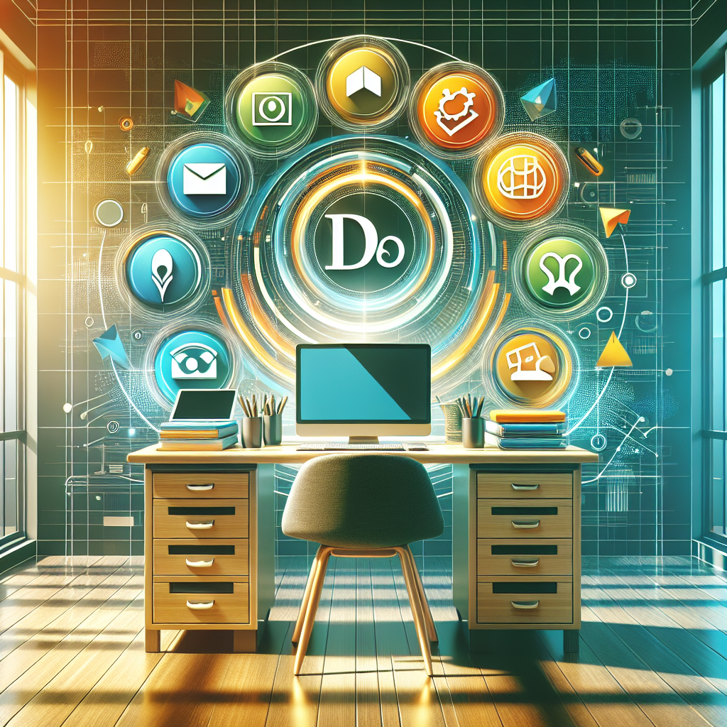An illustration of essential website tools in a modern workspace featuring a laptop and various icons.
