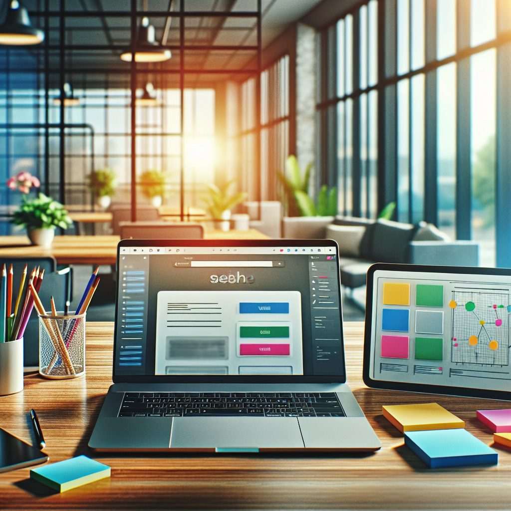 A digital workspace featuring a laptop and various website tools.