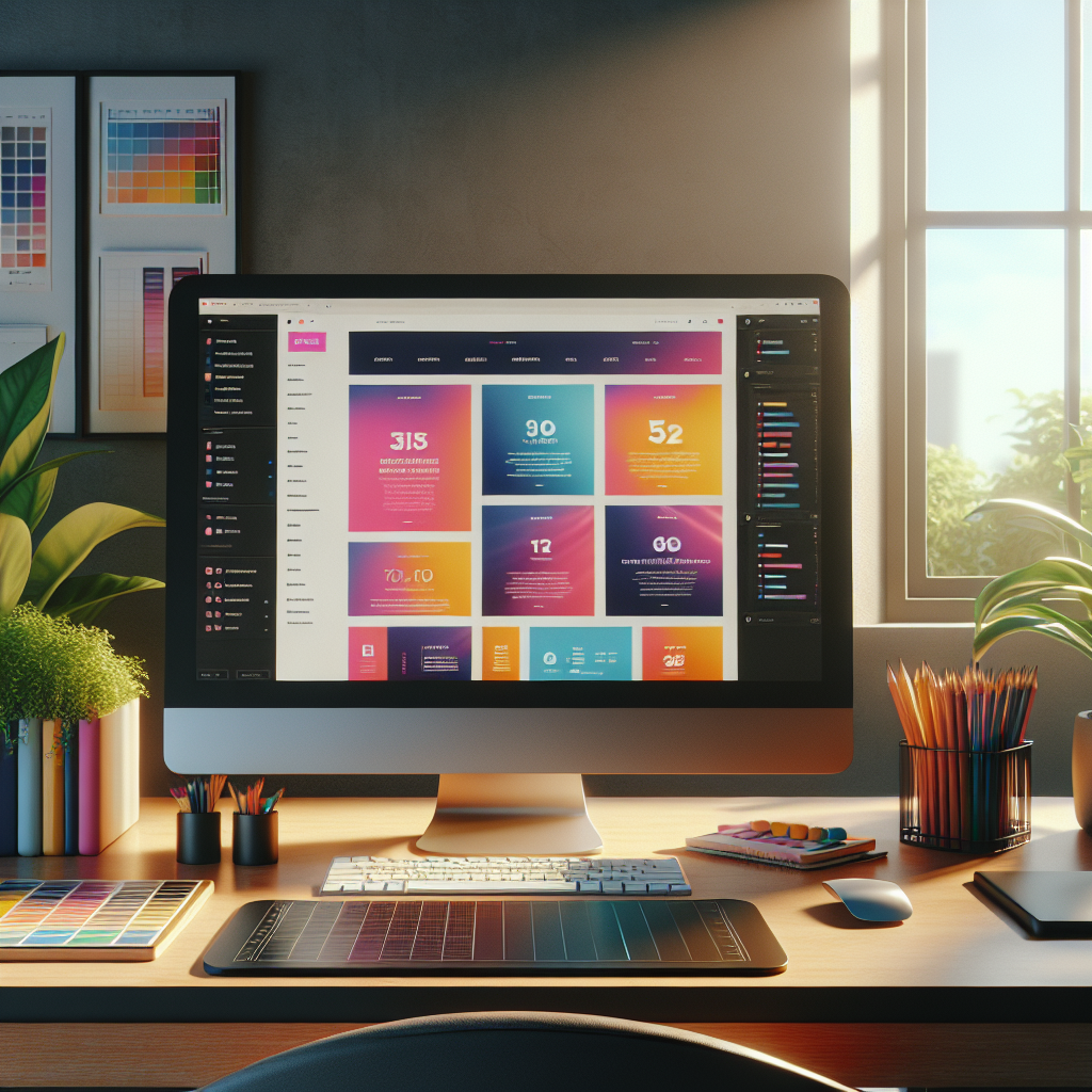 A modern workspace with a computer displaying website design tools.